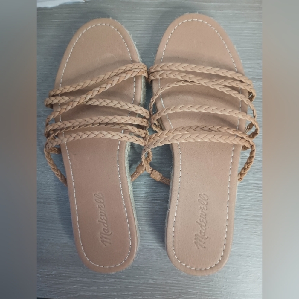 Madewell The Kathryn Espadrille Sandals 7.5 Flat Slide Tan Braided Leather Strap - Picture 3 of 9